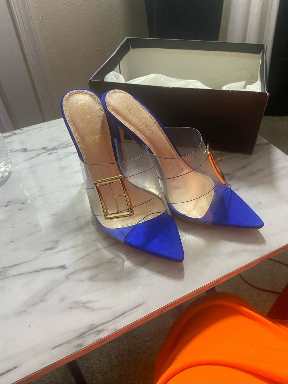 Transparent Strap Pointed Mule in Cobalt Blue with Gold Buckle